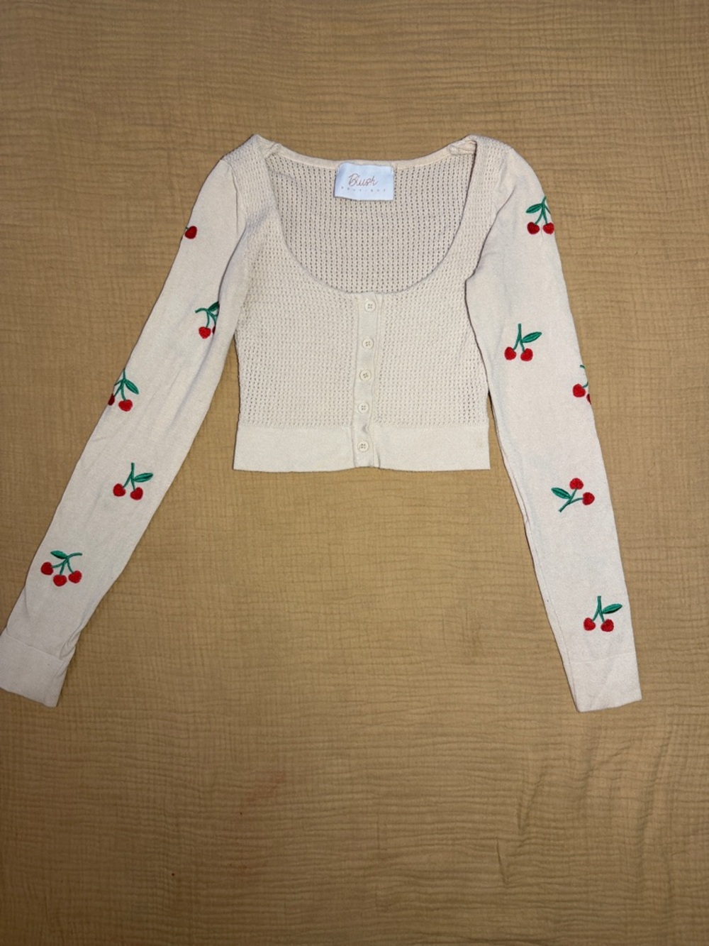 Blush Boutique Knit Cherry Embroidered Cream Crop Cardigan